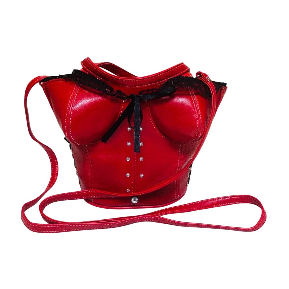 Red Corset Handbag Faux Leather Lace Up Bustier Crossbody Bag with Rhinestones